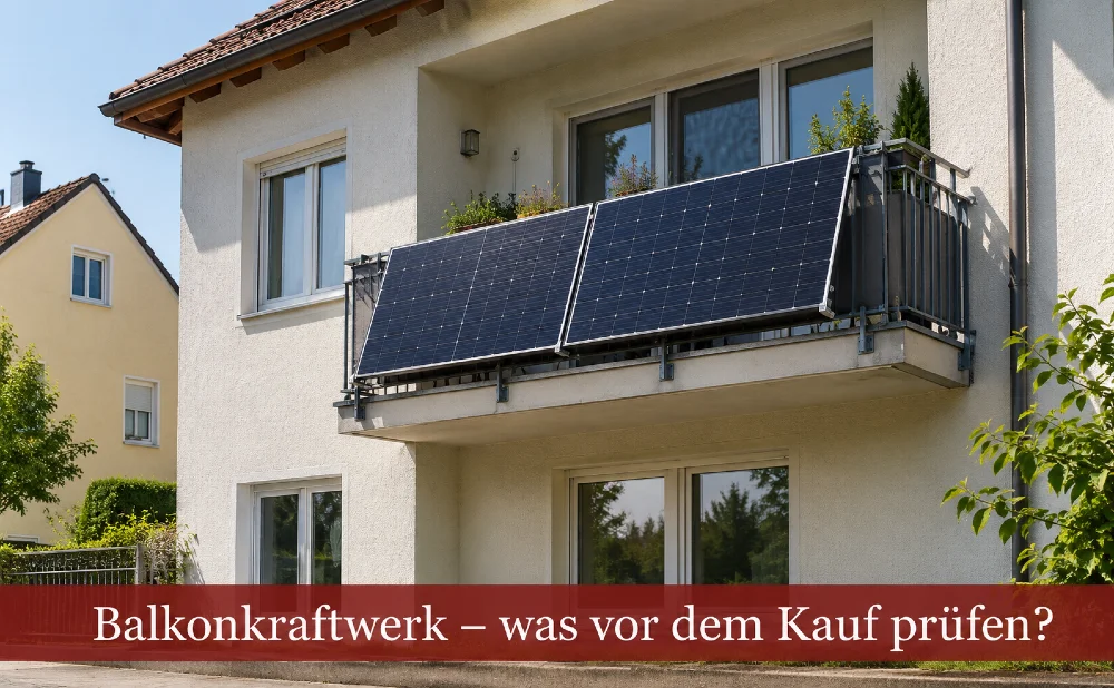 Balkonkraftwerk - Symbolbild. Text: Balkonkraftwerk - was vor dem Kauf prüfen?