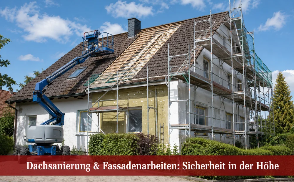 Haus mit Fassadenarbeiten und Dacharbeiten. Text: Dachsanierung & Fassadenarbeiten: Sicherheit in der Höhe