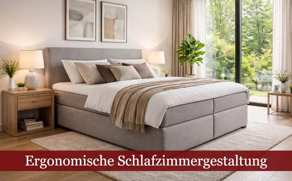 Schlafzimmer mit Boxspringbett. Text: Ergonomische Schlafzimmergestaltung