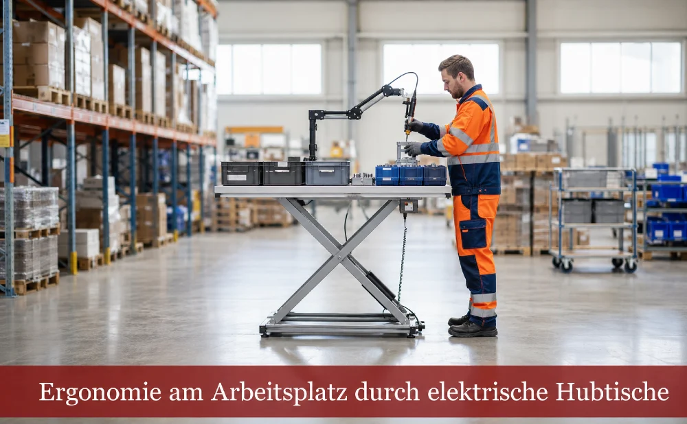Arbeiter in Halle am Hubtisch