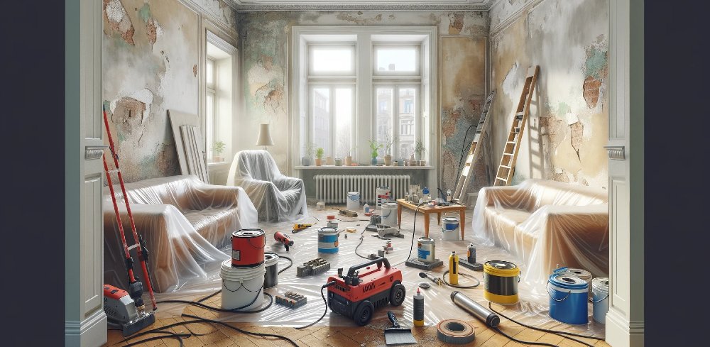 Wohnzimmer, vorbereitet zur Wandentfernung