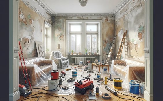 Wohnzimmer, vorbereitet zur Wandentfernung