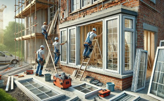 Arbeiter beim Fenstereinbau