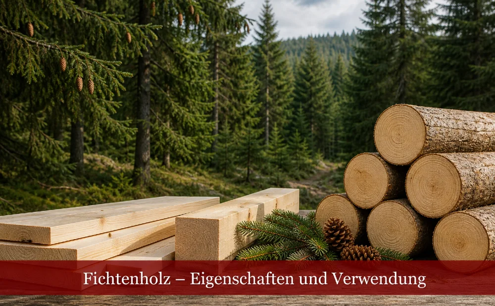 Fichtenwald mit Baumstämmen und Brettern. Text: Fichtenholz  – Eigenschaften und Verwendung