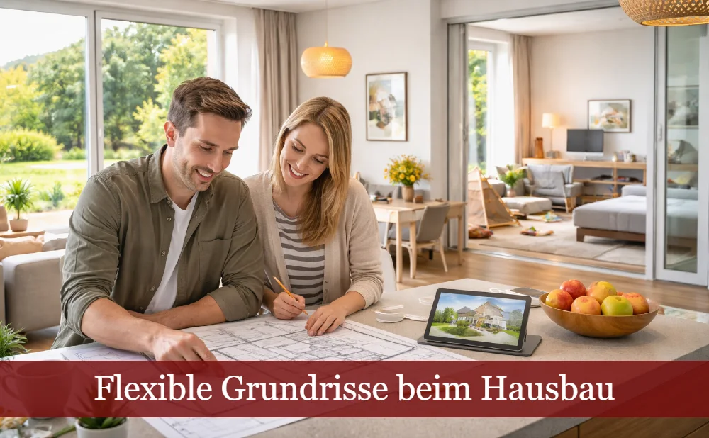 Junges Paar betrachtet einen Grundriss. Text: Flexible Grundrisse beim Hausbau