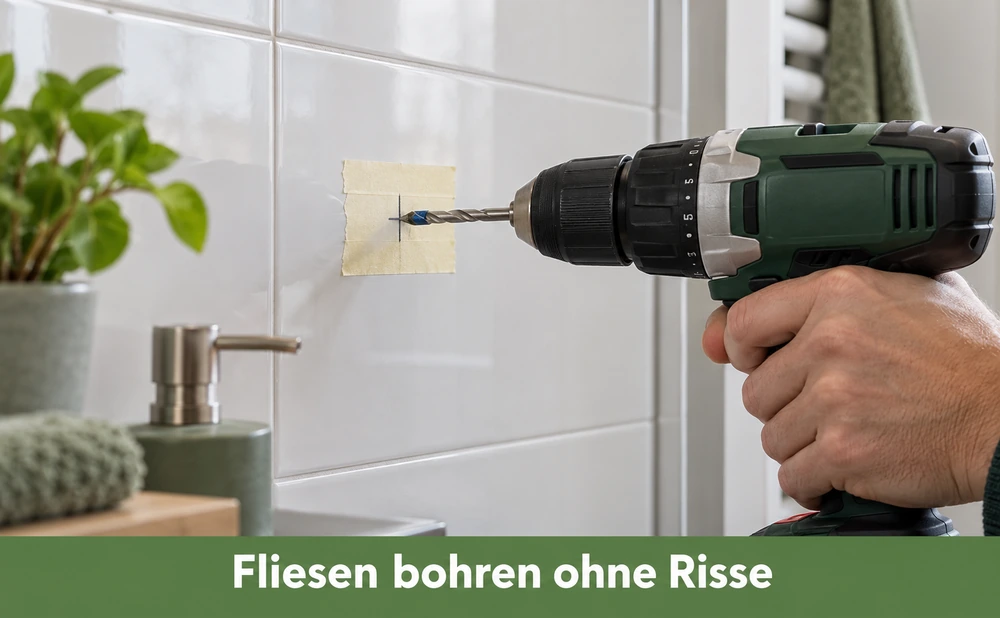 Fliesen bohren - Bohrer auf Malerkrepp auf einer Fliese