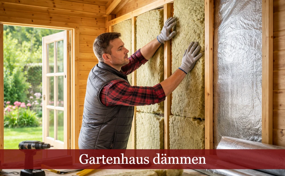 Mann beim Dämmen eines Gartenhauses. Text: Gartenhaus dämmen