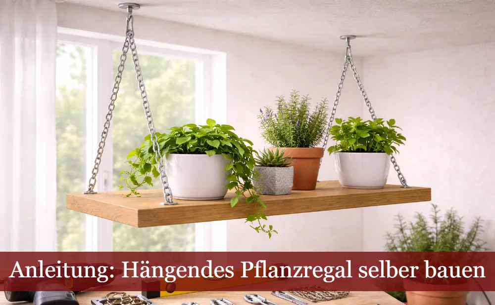 Hängendes Pflanzregal vor Fenster. Text: Hängendes Pflanzenregal selber bauen