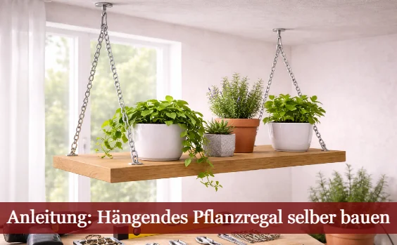 Hängendes Pflanzregal vor Fenster. Text: Hängendes Pflanzenregal selber bauen
