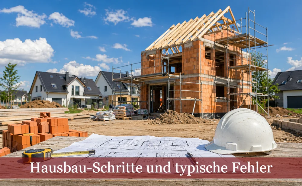 Rohbau im Hintergrund, Vordergrund Bauplan. Text: Hausbau-Schritte und typische Fehler