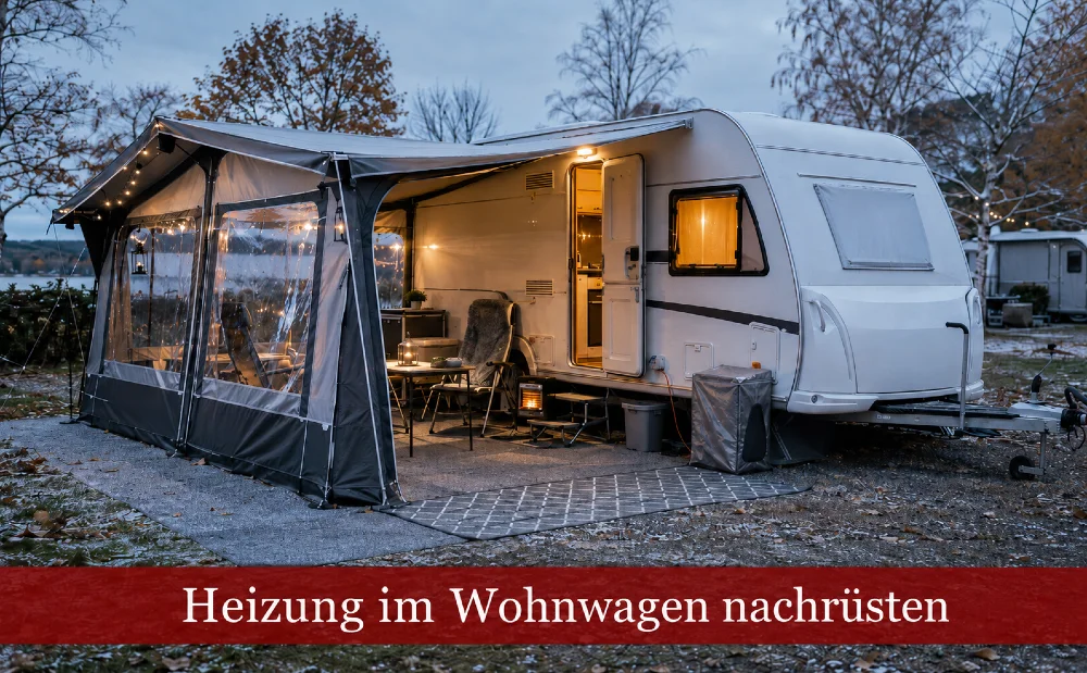 Wohnwagen mit Vorzelt im Winter. Text: Heizung im Wohnwagen nachrüsten