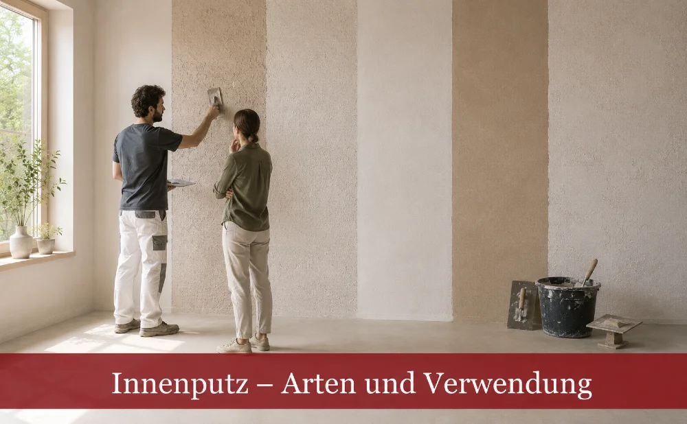 Wand mit mehreren Putzarten aufgetragen, zwei Menschen davor.