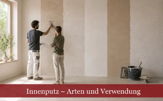 Wand mit mehreren Putzarten aufgetragen, zwei Menschen davor.