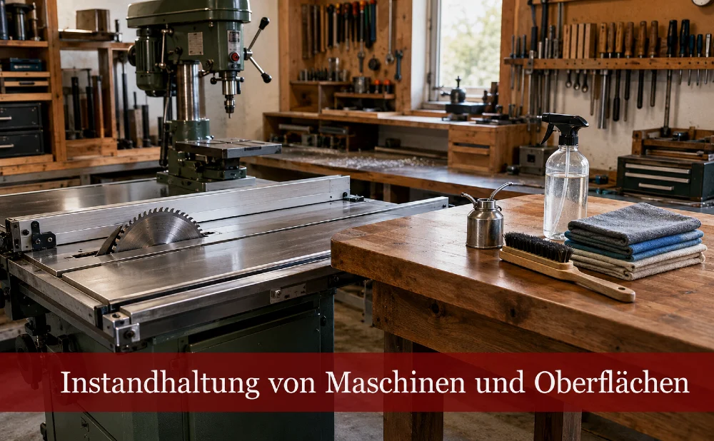 Sauber aufgeräumte Werkstatt. Text: Instandhaltung von Maschinen und Oberflächen