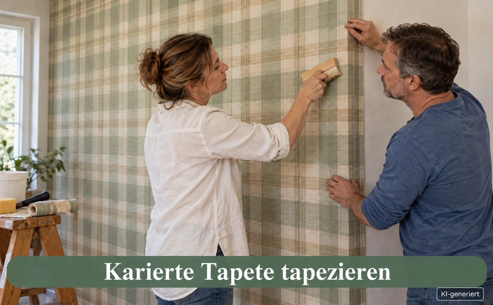 Karierte Tapete tapezieren - Frau und Mann bei der Arbeit