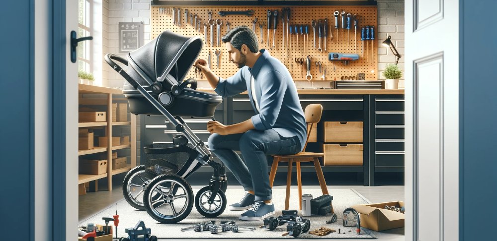 Vater bei der Kinderwagenreparatur