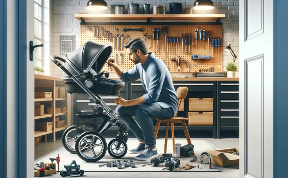 Vater bei der Kinderwagenreparatur