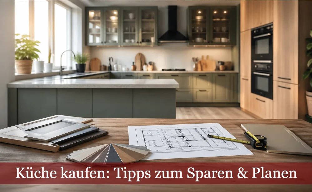 Moderne Küche mit Planungsunterlagen. Text: Küche kaufen: Tipps zum Sparen & Planen