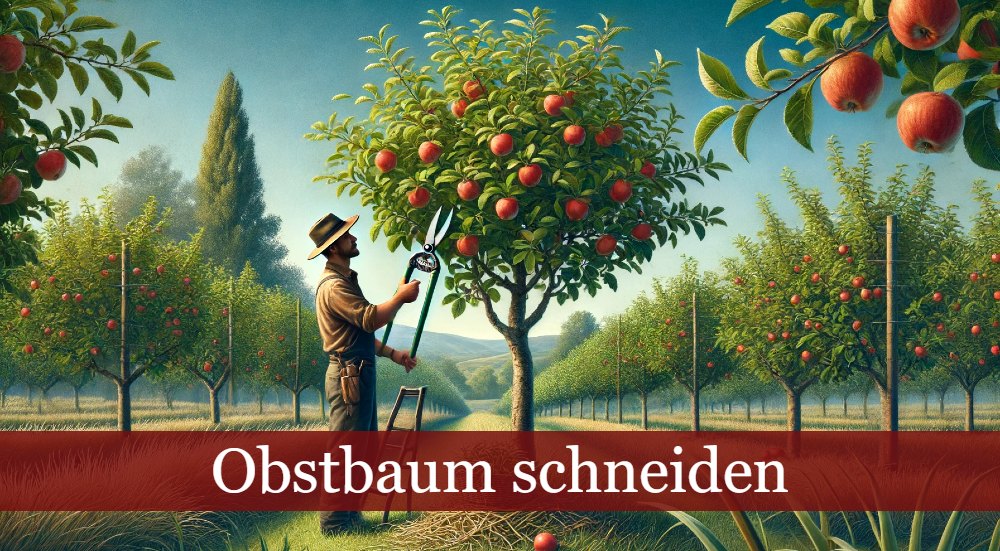 Mann schneidet Obstbaum