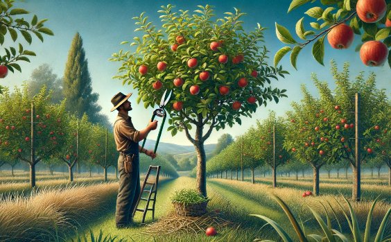 Mann schneidet Obstbaum