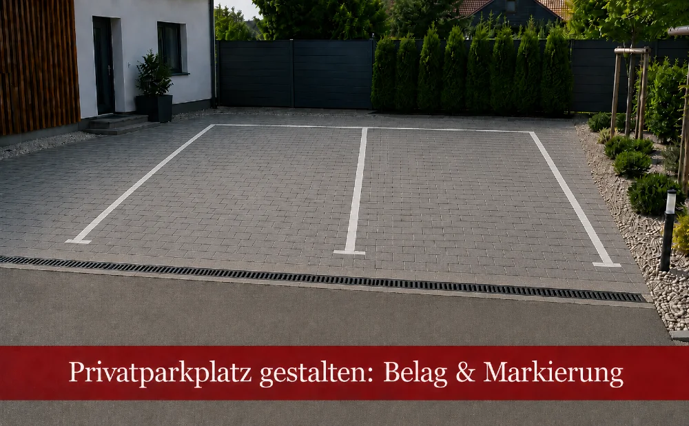 Zwei Parkplätze neben einem Haus. Text: Privatparkplatz gestalten: Belag & Markierung 