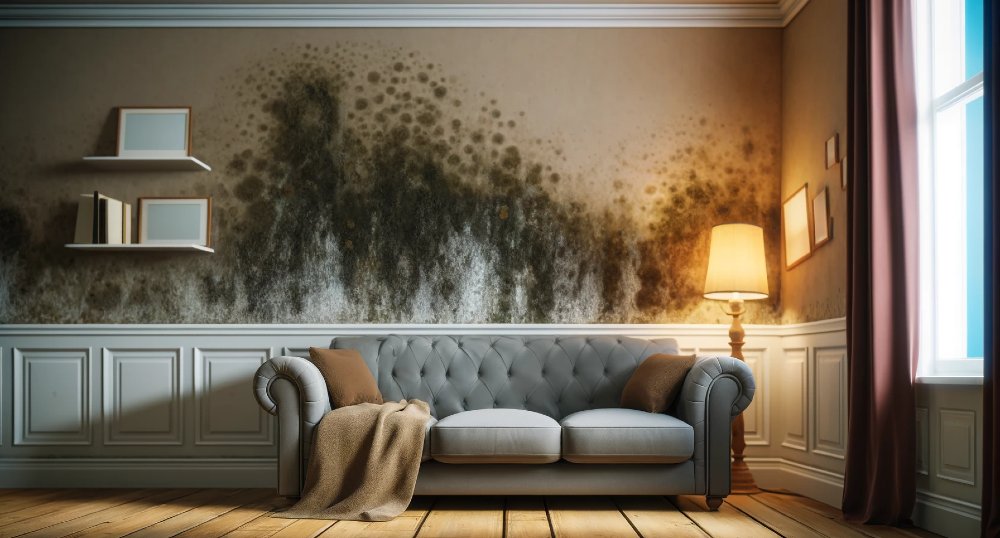 Schimmel hinter Sofa an der Wand