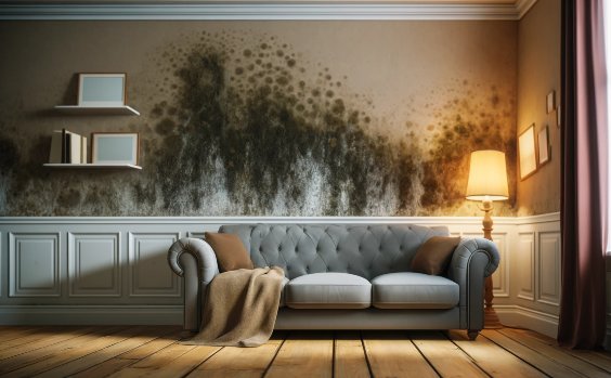 Schimmel hinter Sofa an der Wand