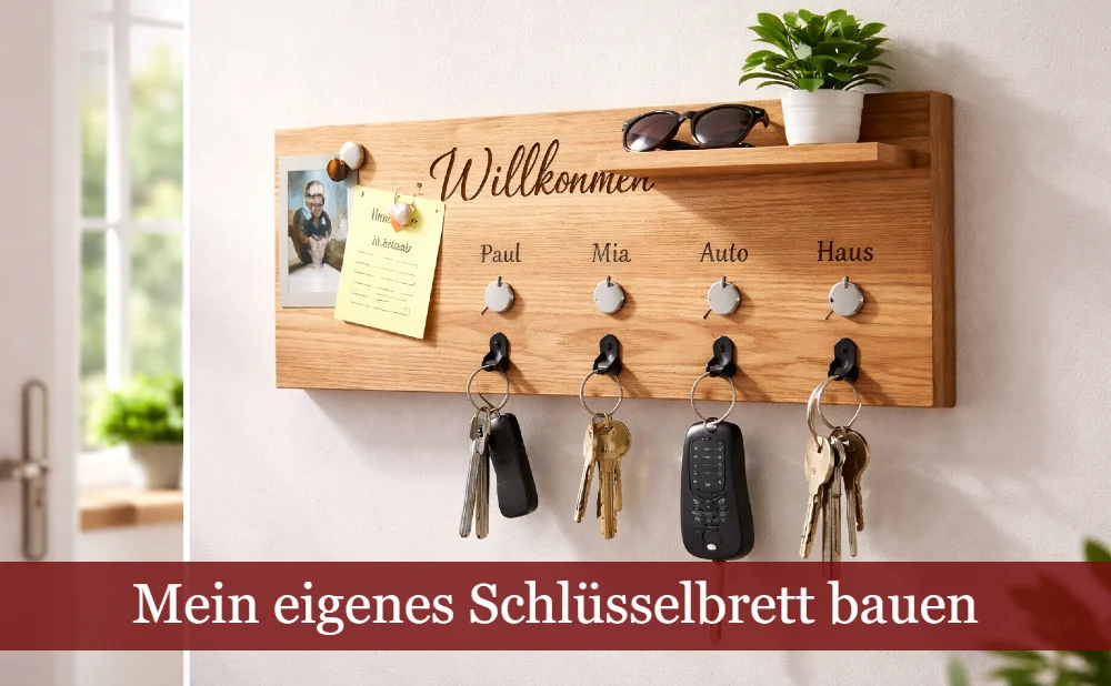Schlüsselbrett im Eingangsbereich mit Beschriftung. Text: Mein eigenes Schlüsselbrett bauen