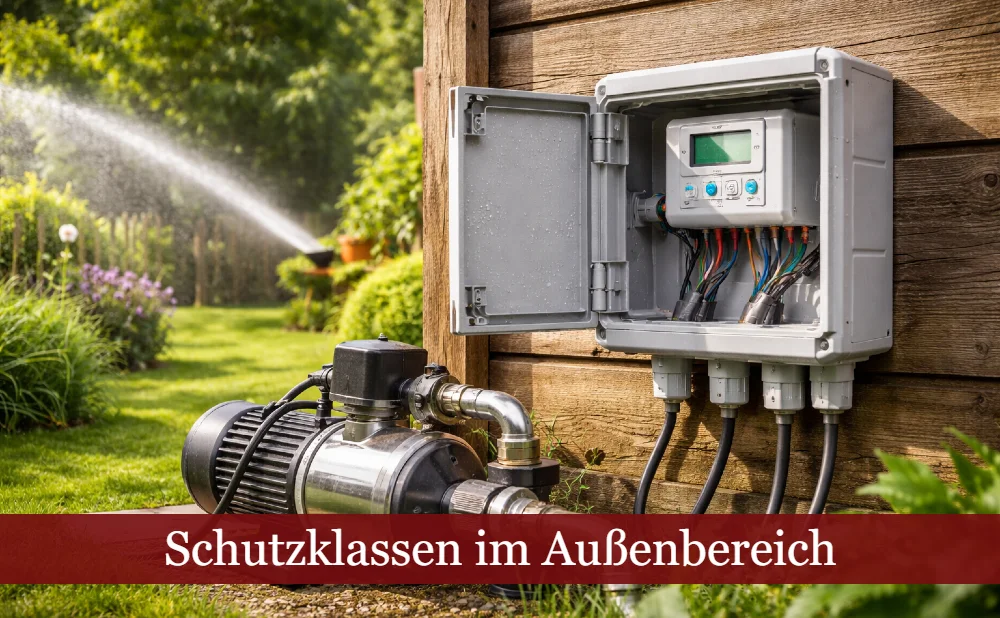 Stromverteiler im Garten, Gartenpumppe. Text: Schutzklassen im Außenbereich