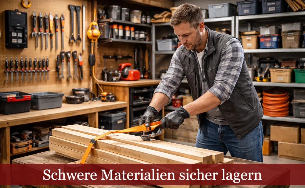 Mann sichert Holzbalken in Werkstatt
