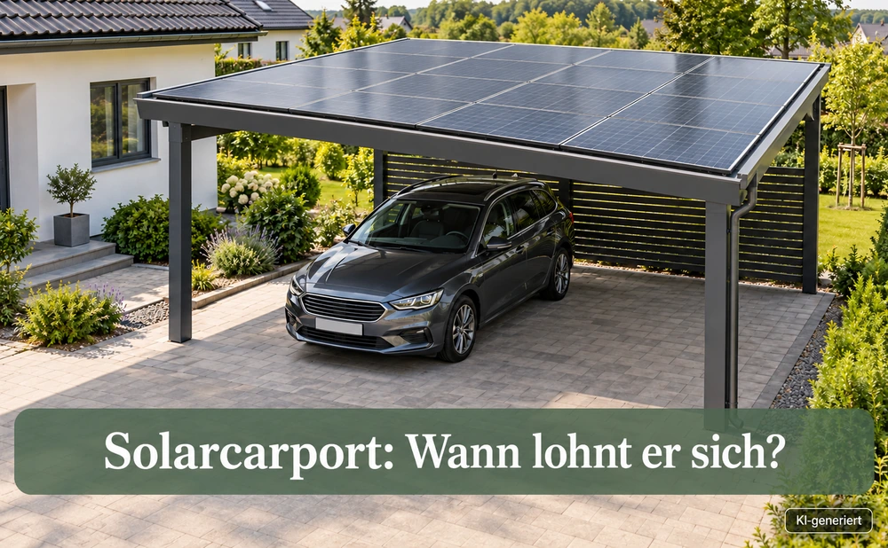 Solarcarport mit Photovoltaikdach und geparktem Auto neben einem Einfamilienhaus.