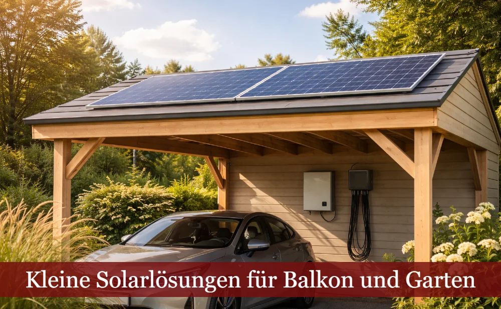 Solaranlage auf Carport. Text: Solarlösungen für Balkon und Garten