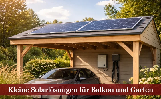 Solaranlage auf Carport. Text: Solarlösungen für Balkon und Garten