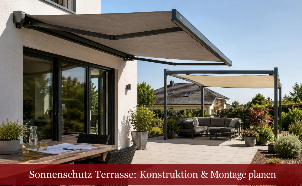 Terrasse mit Markise und Pergola. Text: Sonnenschutz Terrasse: Konstruktion & Montage planen