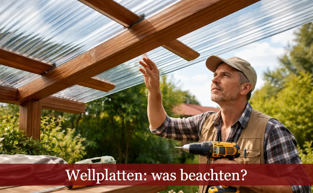 Heimwerker beim Montieren von Wellplatten. Text: Wellplatten: was beachten?