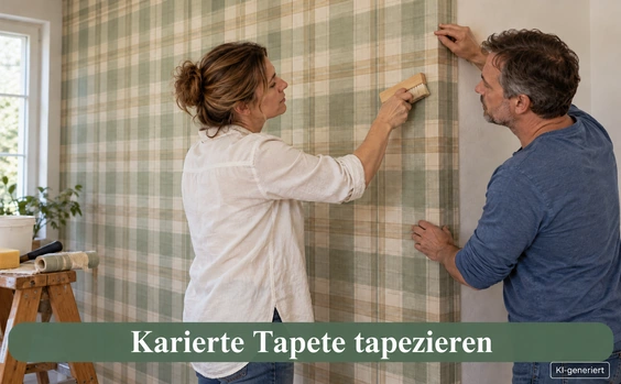 Karierte Tapete tapezieren - Frau und Mann bei der Arbeit